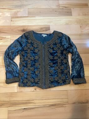 Embroidered Velvet Jacket - Deep Teal with Gold Trim